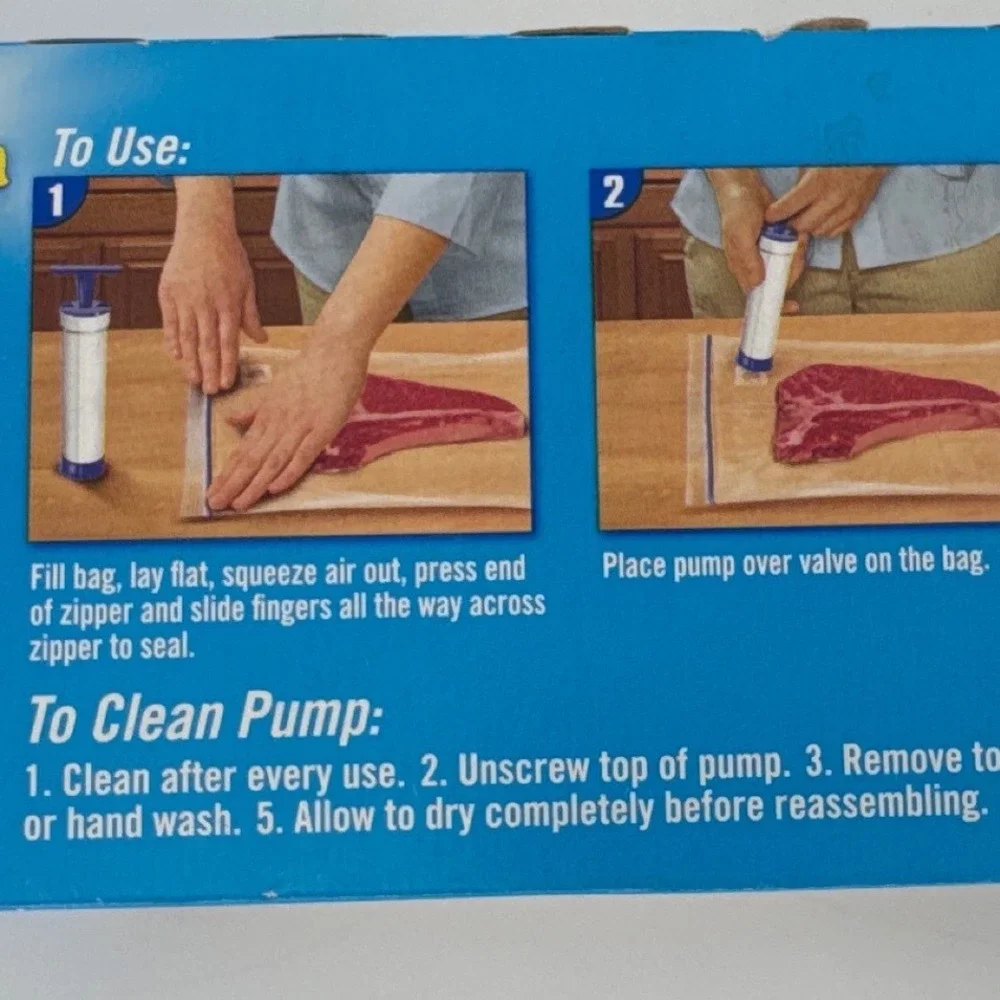 Ziploc 2013 Vacuum Starter Kit Food Storage Quart Blue Manual Pump 3 Bags